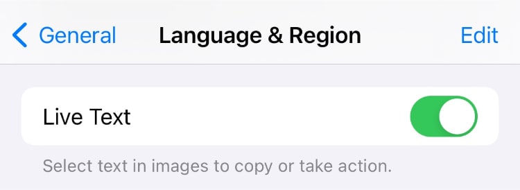 Activating Live Text from the device Settings > General > Language & Region